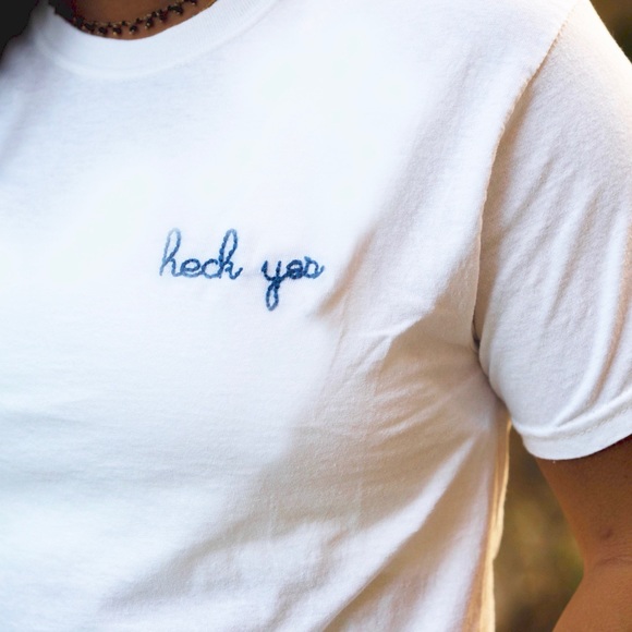 Embroidered “HECK YES” Handmade White Tee - Picture 2 of 5